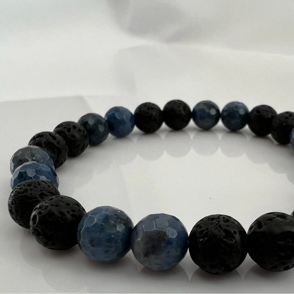 BLUE Dumortierite Quartz and Lava Stone Stretch Beaded Bracelet - Picture 7 of 14